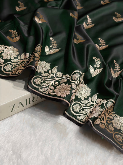 Dark Bottle Green Boota With Floral Border Mashru Silk Saree MSM-90