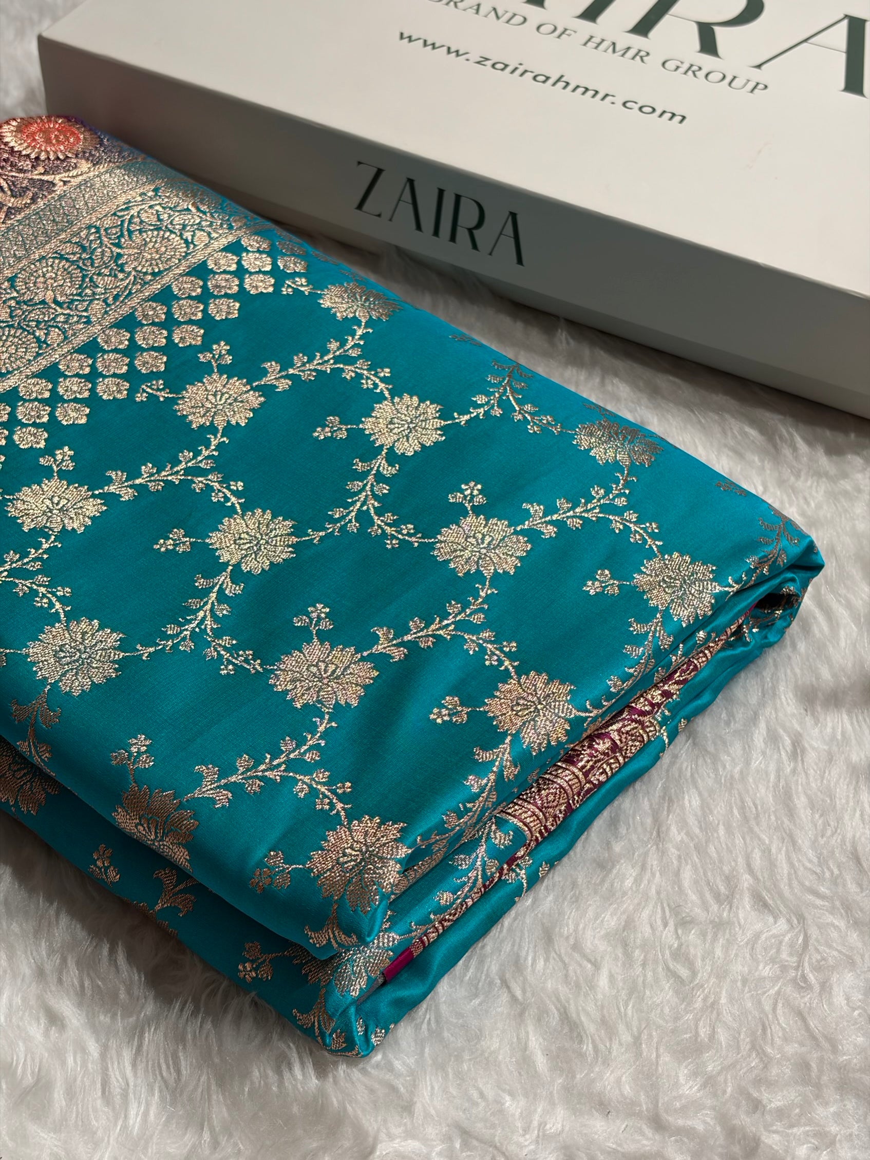 Banarasi Satin Katan Saree Contrast Firozi / Rani Shades SK132