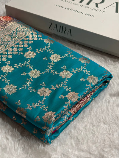 Banarasi Satin Katan Saree Contrast Firozi / Rani Shades SK132