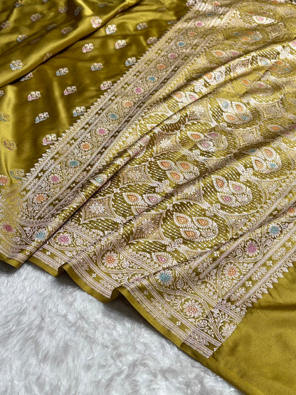 Dusty Mehendi Shades Bananasi Minakari Floral Border Boota Mashru Silk Saree MS66