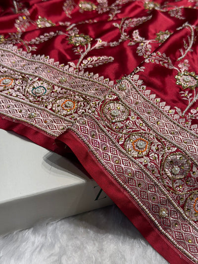 Banarasi Maroon Minakari Mashru Silk Saree with Ari and Mooti work BMCS23