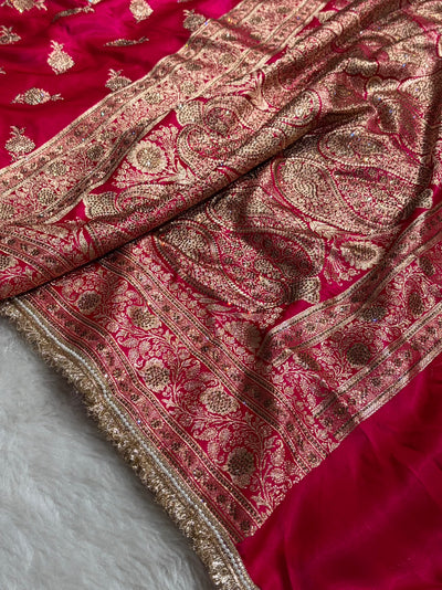 Satin Silk Saree Floral Boota With Swarovski & Gotta Patti Work in Cross Rani Shades BSSGP26