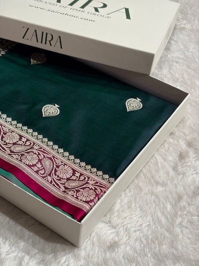 Contrast Dark Bottle Green / Rani Shades Banarasi Booti Pattern Mashru Silk Saree MSM-140