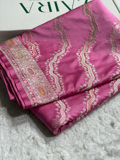 Banarasi Minakari Cross Pattern in Pink Shades Floral Mashru Silk Saree MS93