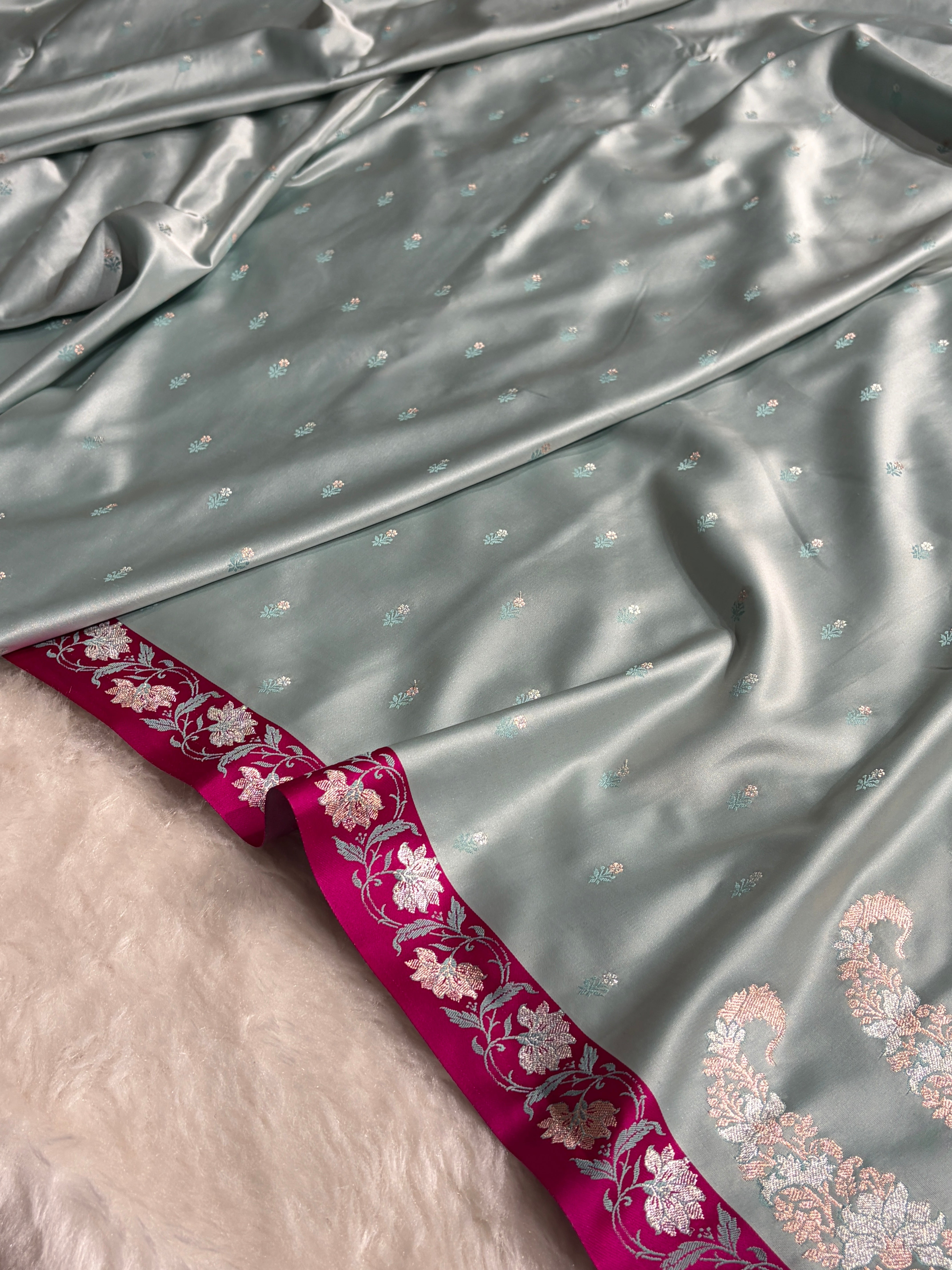 Contrast Light Grey With Rani Floral Boota With Floral Border Mashru Silk Saree MSM-78