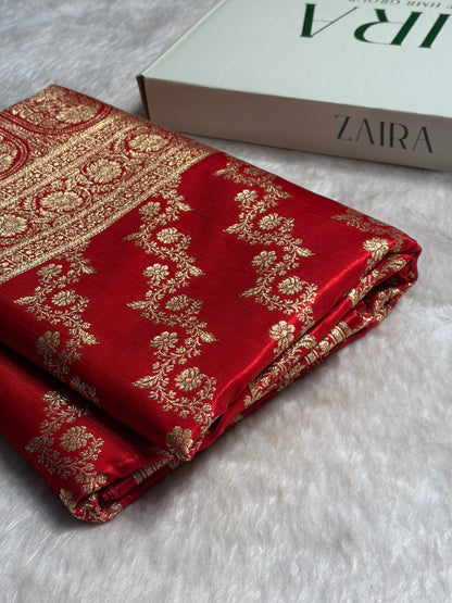 Ruby Red Shades Banarasi Satin Silk Saree SS32