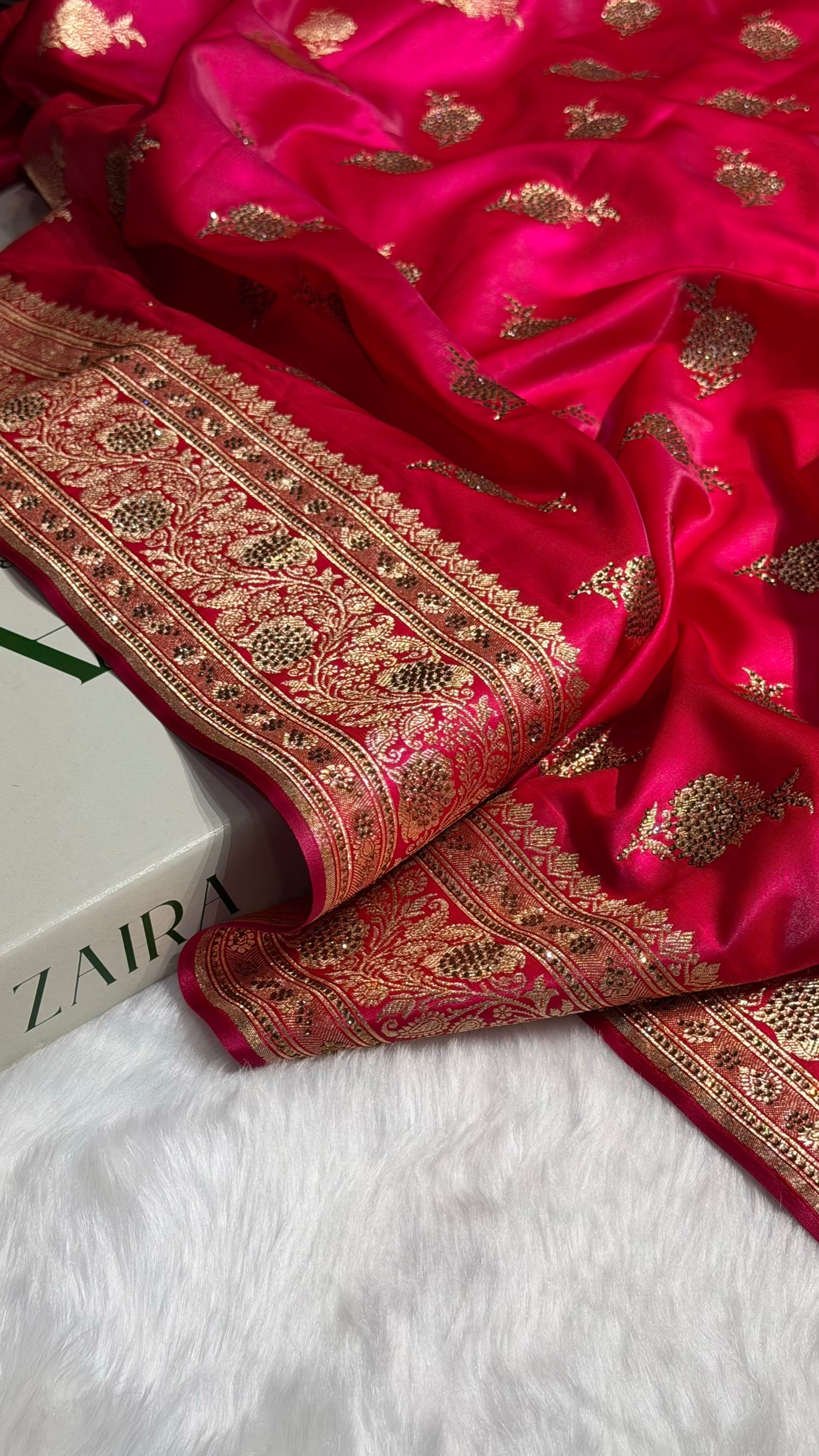 Satin Silk Saree Swarovski Work Floral Boota in Cross Rani Shades BSS26