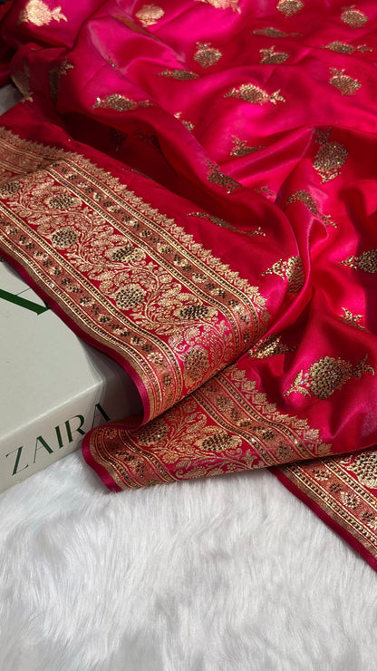 Satin Silk Saree Swarovski Work Floral Boota in Cross Rani Shades BSS26