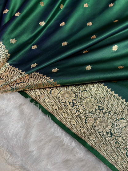 Cross Green Floral Cross Pattern Satin Katan Silk Saree SK75