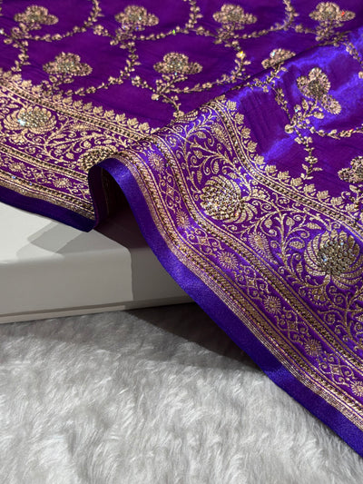 Satin Silk Saree Banarasi Swarovski Work Jaal in Purple Shades BSS23 (R)