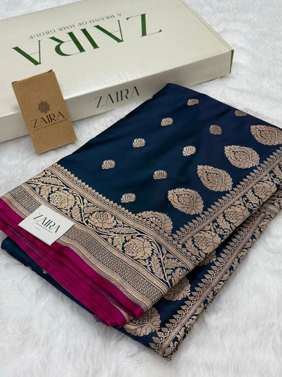 German Blue Floral Boota Mashru Silk Saree MSM 77