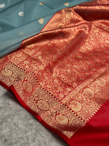 Contrast Pure Banarasi Organza Turquoise With Red Floral Banarasi Silk Saree PO-11