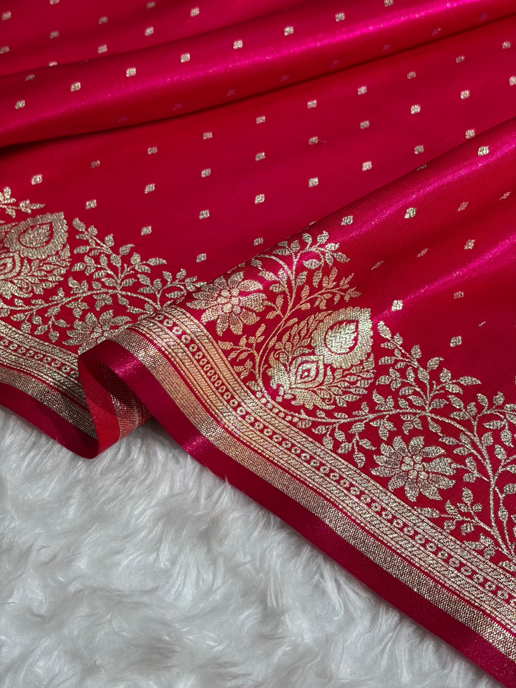 Satin Silk Saree Floral Boota in Cross Rani Shades SS28