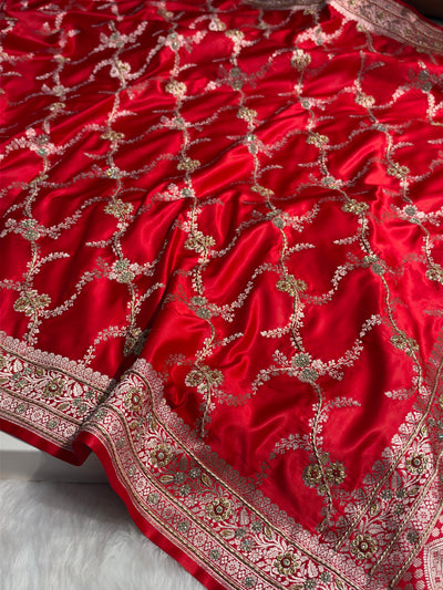 Bridal Red Shades Banarasi Jaal With Zardozi Work Mashru Silk Saree BMSM-127