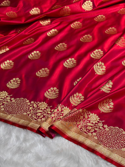Reddish Magenta Unique Boota Pattern Satin Katan Silk Saree SK70