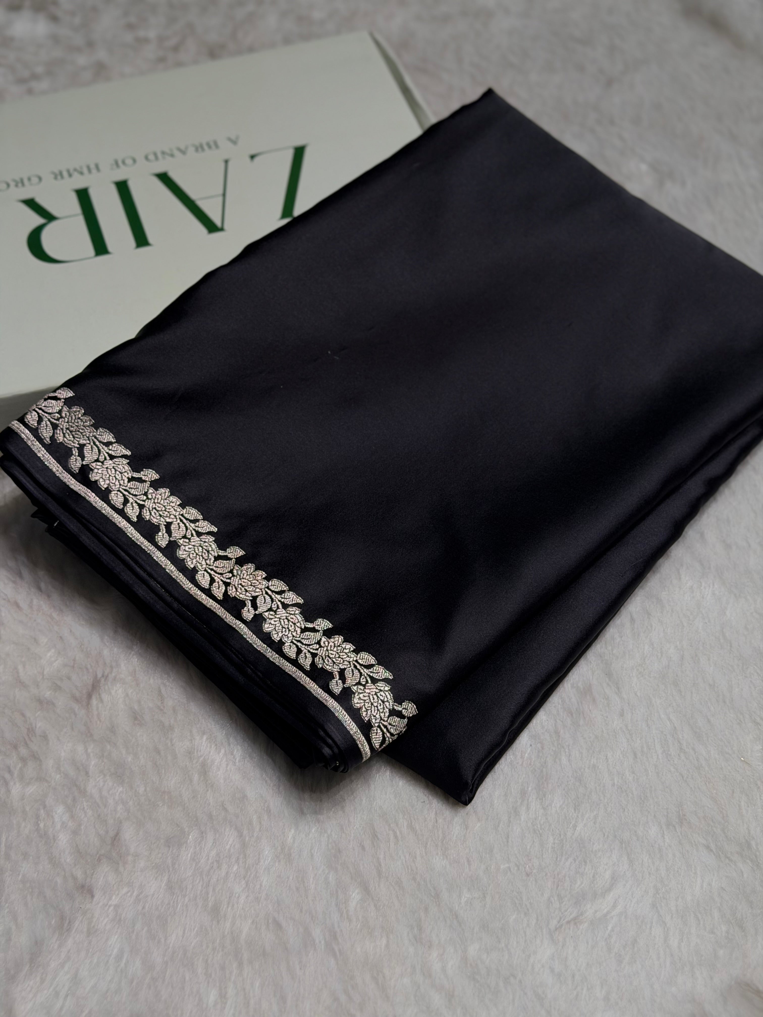 Black With Floral Border Mashru Silk Saree MS80