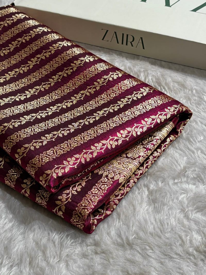 Wine Shades Stripe Pattern Banarasi Satin Silk Saree SS46