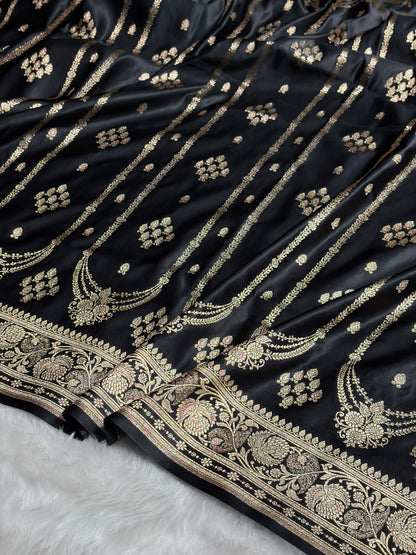 Black Floral Boota Pattern Satin Katan Silk saree SK39