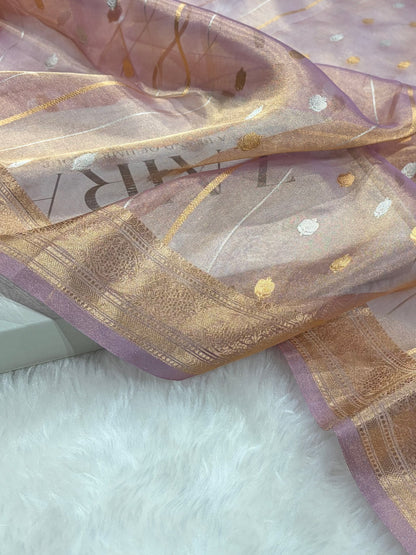 Pinkish Tusser Bananasi Floral Shades Pure Tissue Silk Saree PT-47
