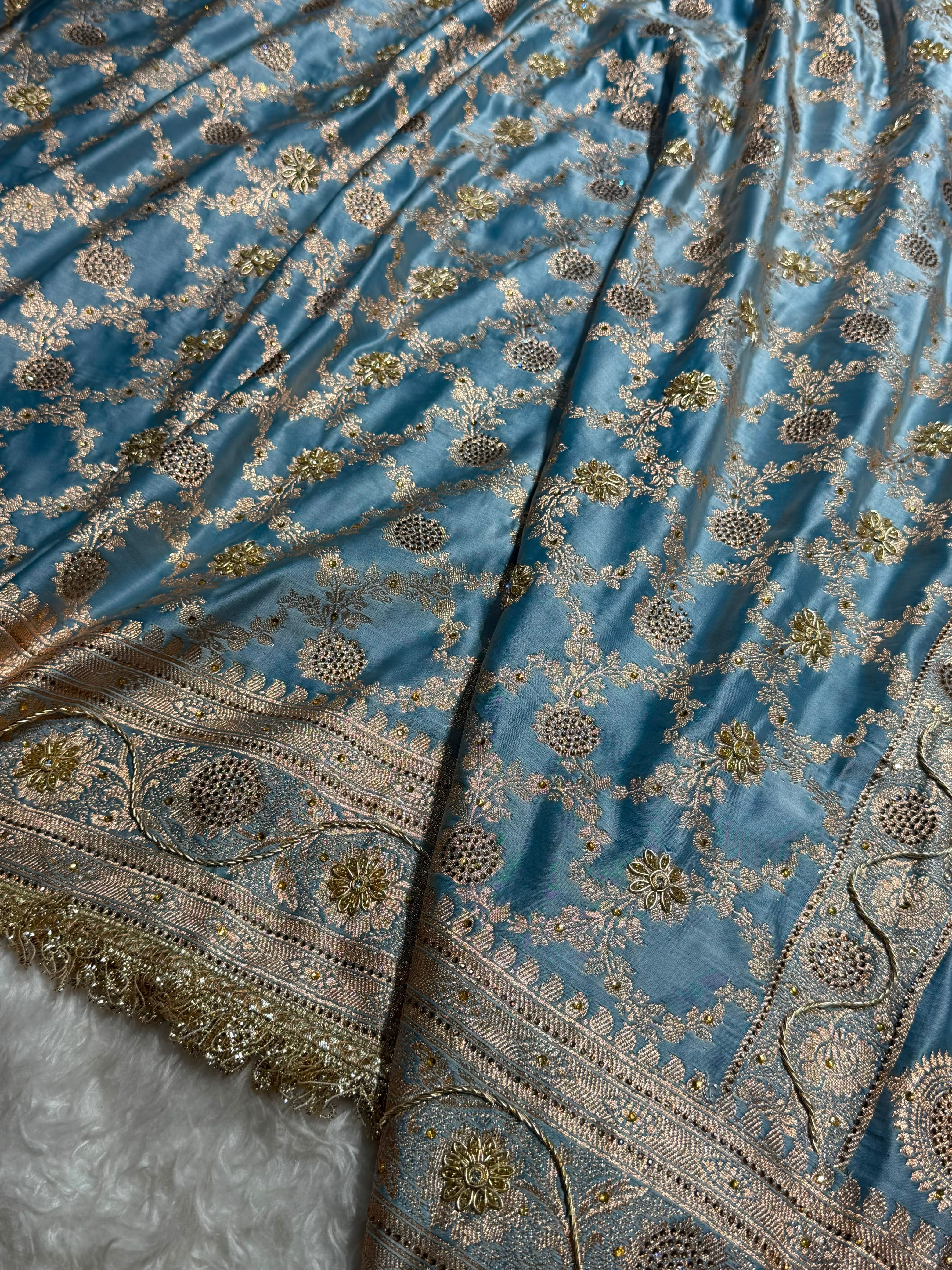 Pastel German Blue Swavroski & Zardozi Work With Gotta Patti Jaal Pattern Satin Katan Silk Saree BSKGP25