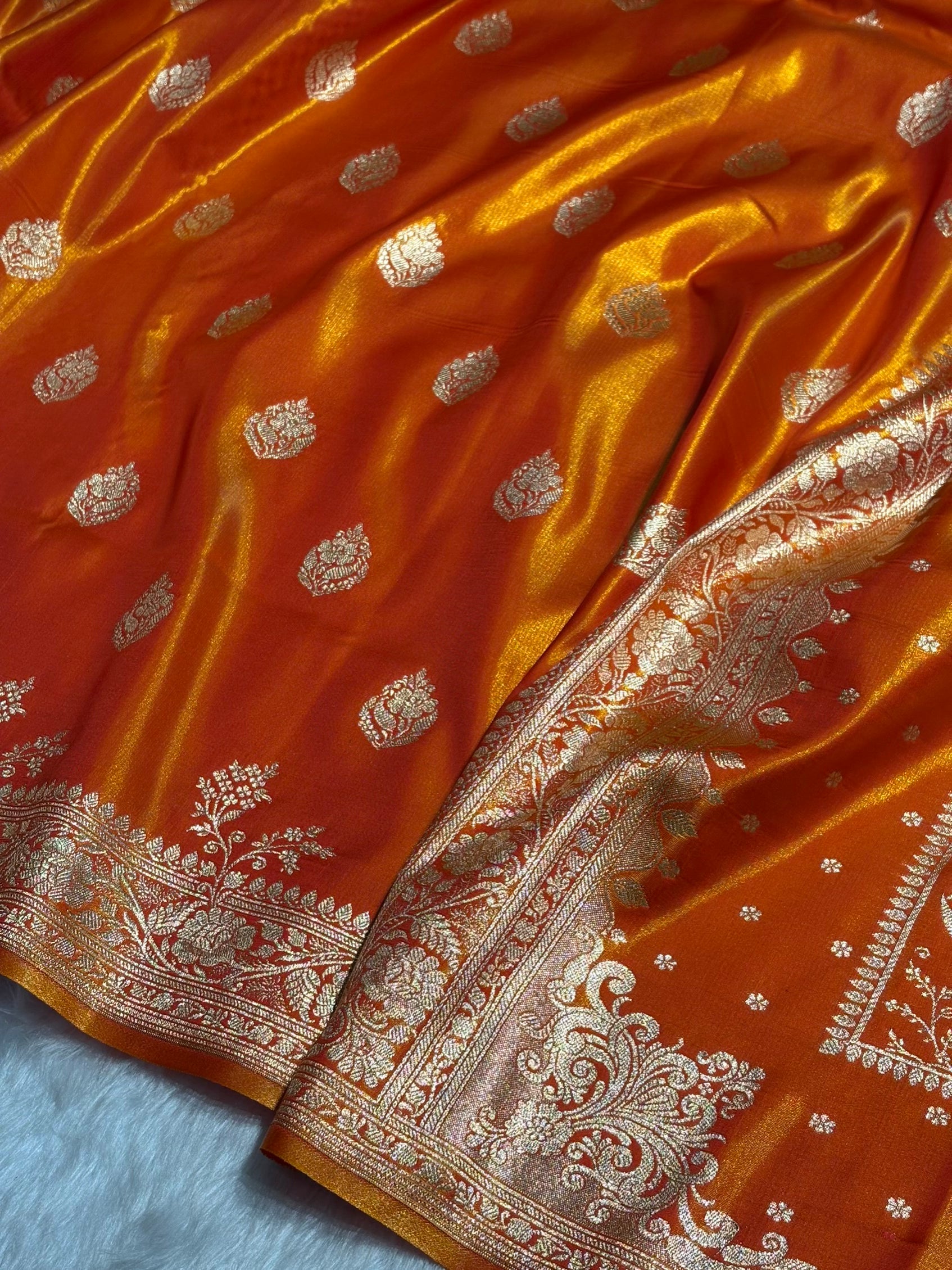 Satin Silk Saree Booti Motif in Orange Shades SS20