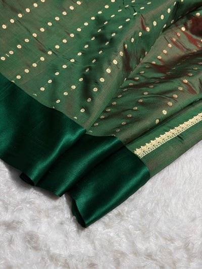 Contrast Pure Banarasi Organza Reddish Rama With Bottle Green Floral Banarasi Silk Saree PO-12