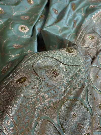 Pastel Mahndi Banarasi Jaal Satin Katan Silk Saree with Stone & Zardozi Work BSK06