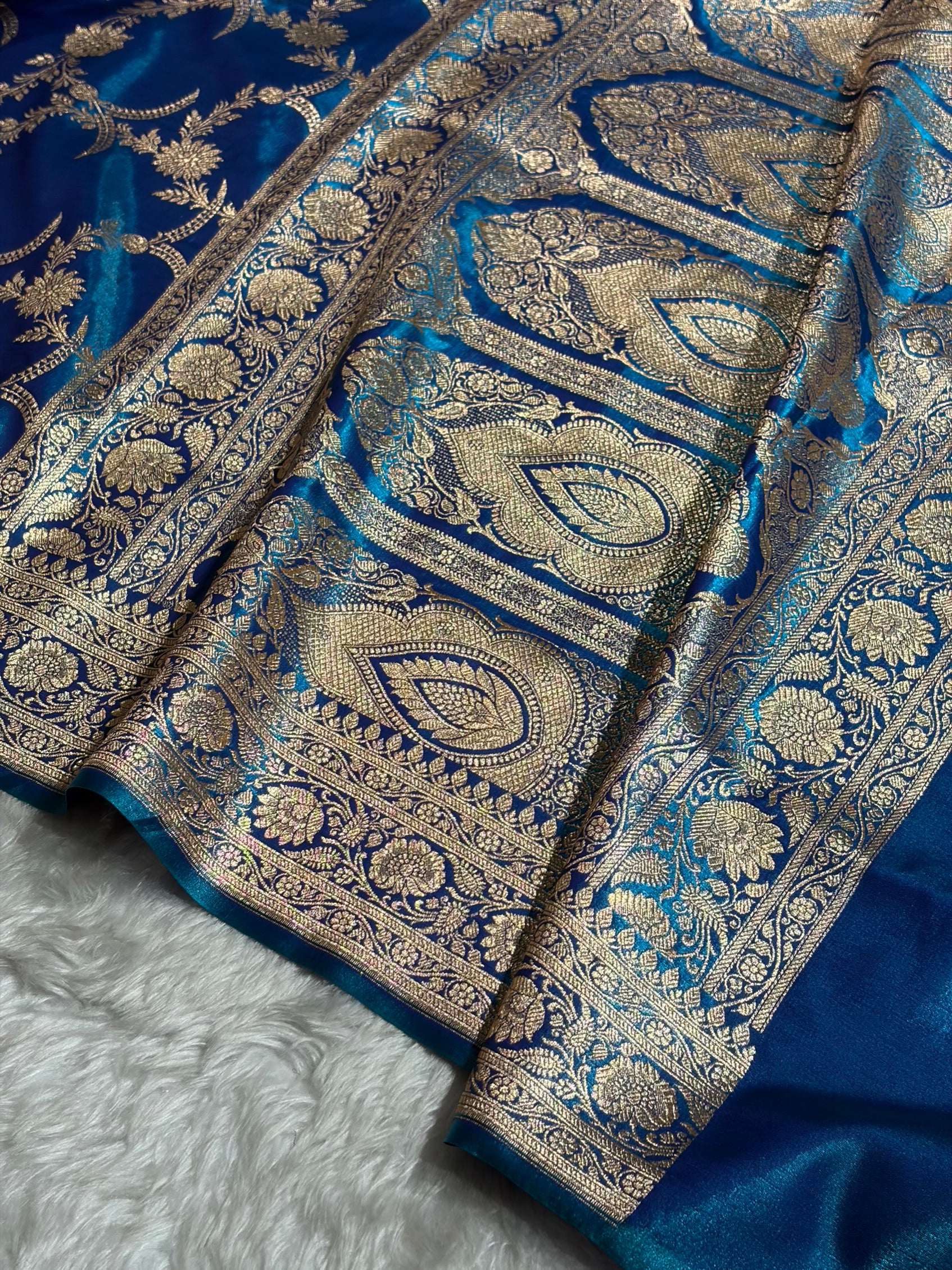 Banarasi Satin Silk Banarasi Jaal In Cross Firozi Shades SS18