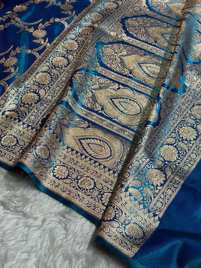 Banarasi Satin Silk Banarasi Jaal In Cross Firozi Shades SS18