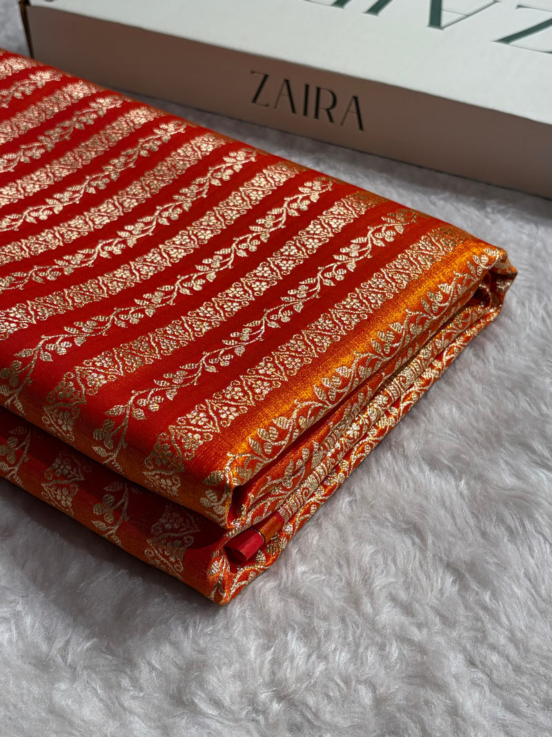 Fire Gold Shades Stripe Pattern Banarasi Satin Silk Saree SS46