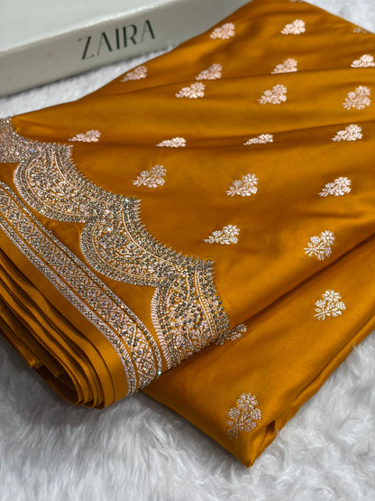 Banarasi Mustard Scallop Mashru Silk with White Stone Swarovski work BMS02