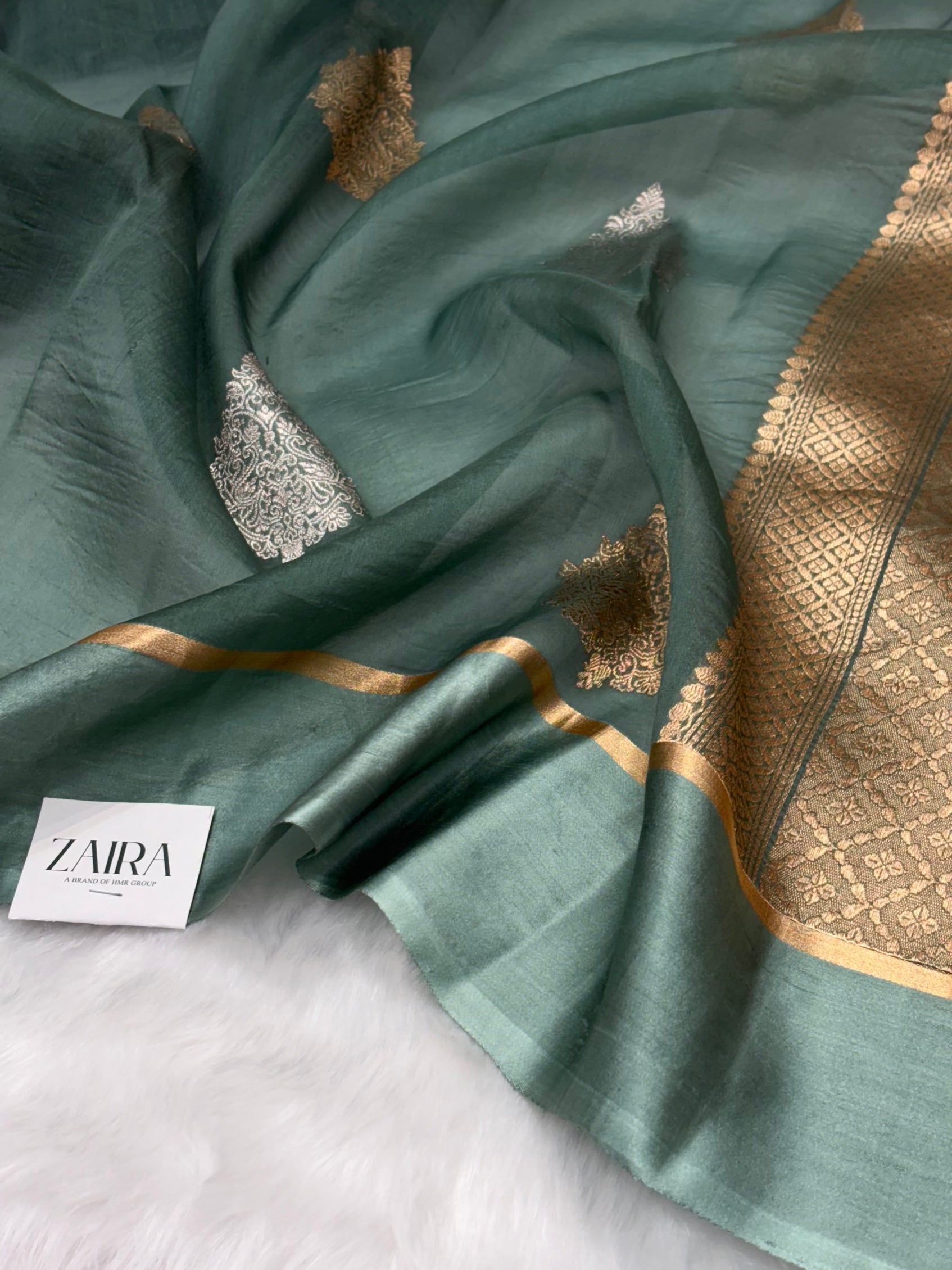 Pure Organza With Raw Mango Border Mouse Gray Shades Banarasi Silk Saree PO-03