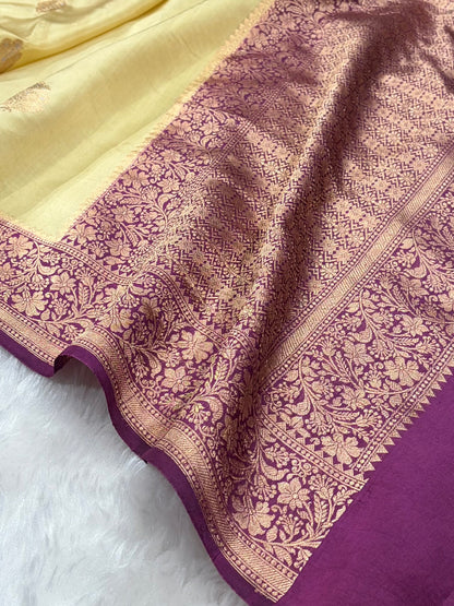 Banarasi Tusser With Purple Contrast Shades Meenakari Boots Handwoven Pure Paper Silk Saree RM-90