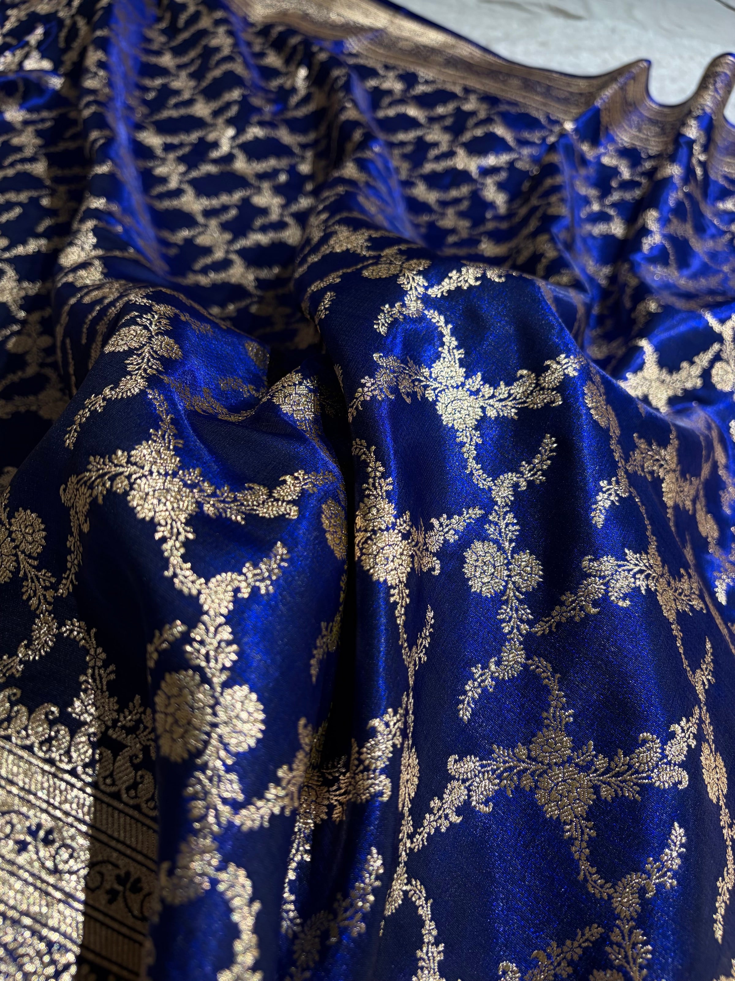 Royal Blue Shades Cross Pattern Banarasi Satin Silk Saree SS40