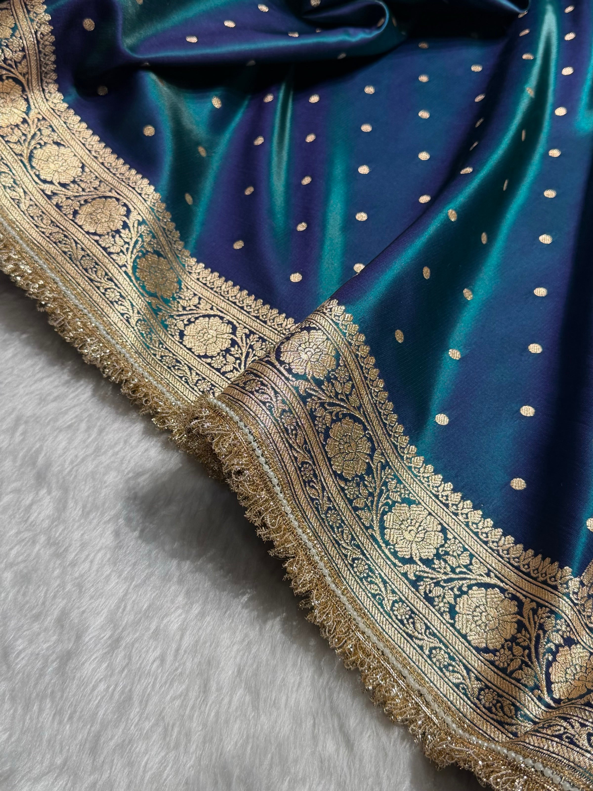 Satin Silk Dot Booti in Peacock Shades With Gotta Patti SSGP08