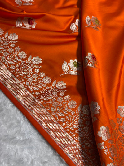 Premium Banarasi Satin Katan Saree With Minakari Boota in Orange Shades SK94