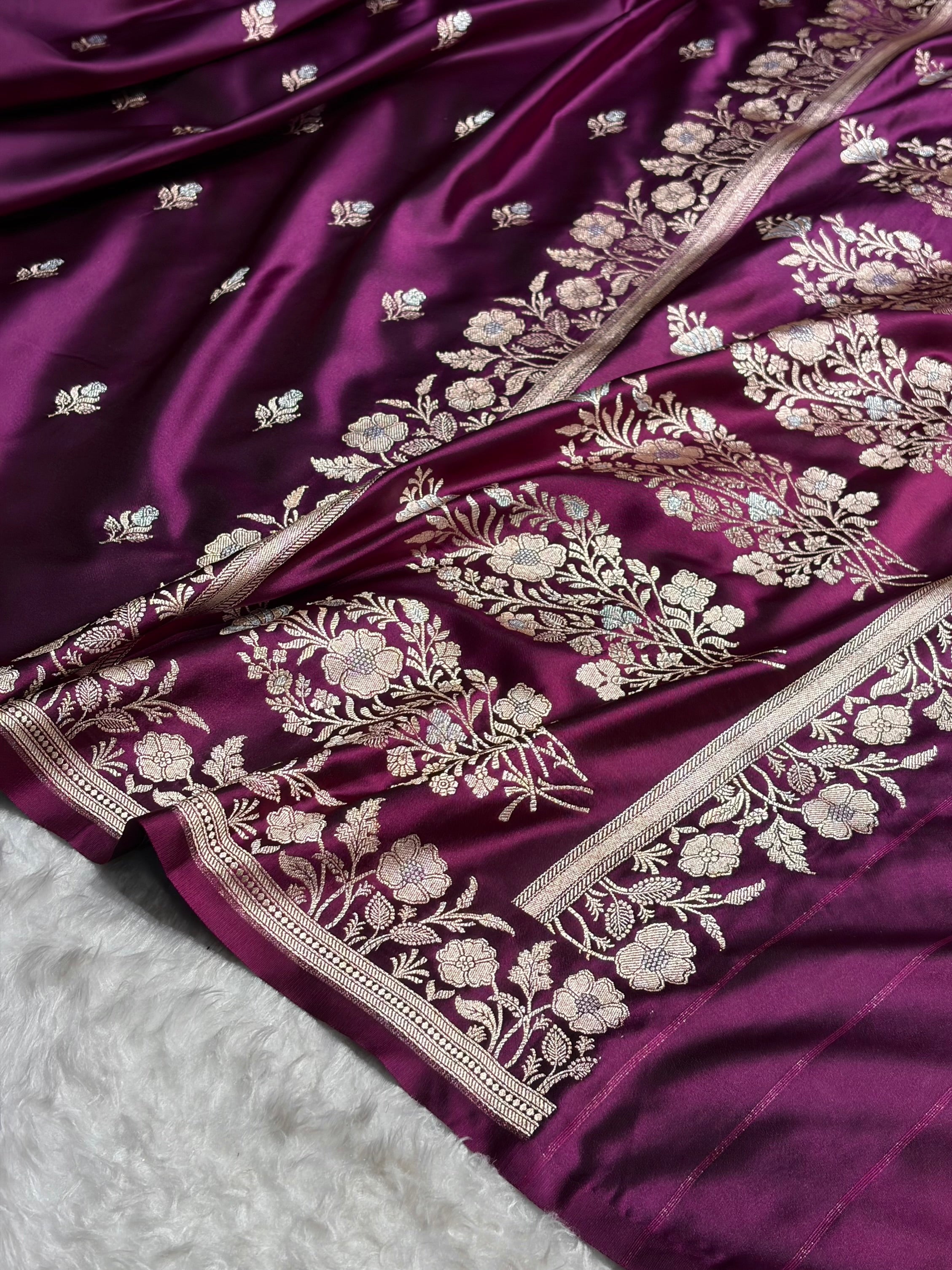 Banarasi Dark Wine Boota With Floral Border Mashru Silk Saree MSM-85