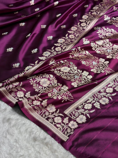Banarasi Dark Wine Boota With Floral Border Mashru Silk Saree MSM-85