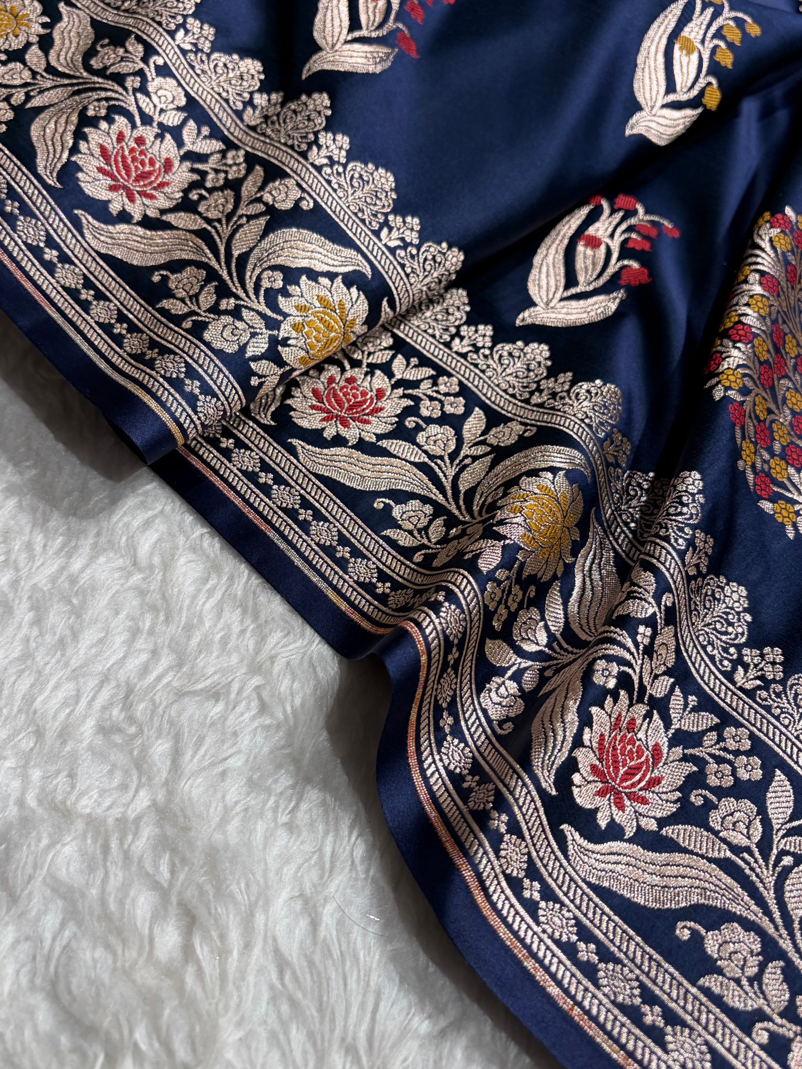 German Blue Shades Banarasi Boota Pattern Minakari Floral Mashru Silk Saree MSM-121