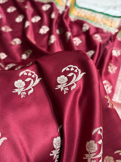 Banarasi Chocolate With Contrast Mustard Floral Border Mashru Silk Saree MSM-100