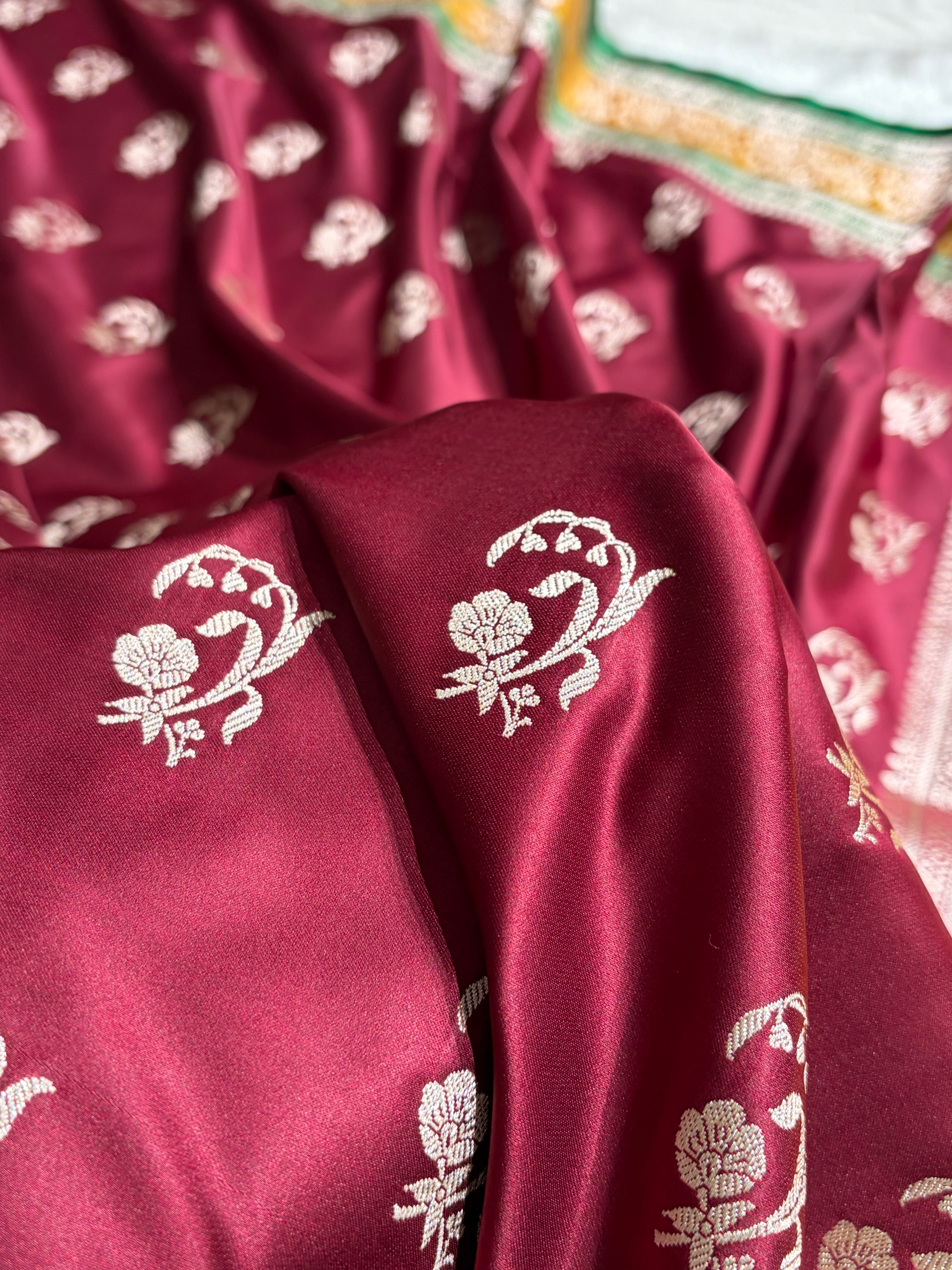 Banarasi Chocolate With Contrast Mustard Floral Border Mashru Silk Saree MSM-100