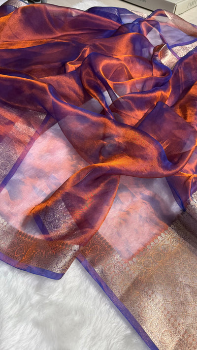 Rustic Royal Blue Shades Pure Tissue Silk Saree with Brocade Blouse PT-09