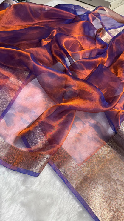 Rustic Royal Blue Shades Pure Tissue Silk Saree with Brocade Blouse PT-09