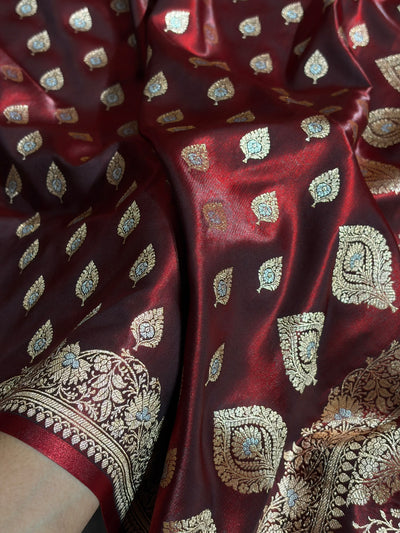 Banarasi Maroon Shades Minakari Booti Pattern Banarasi Satin Silk Saree SS60