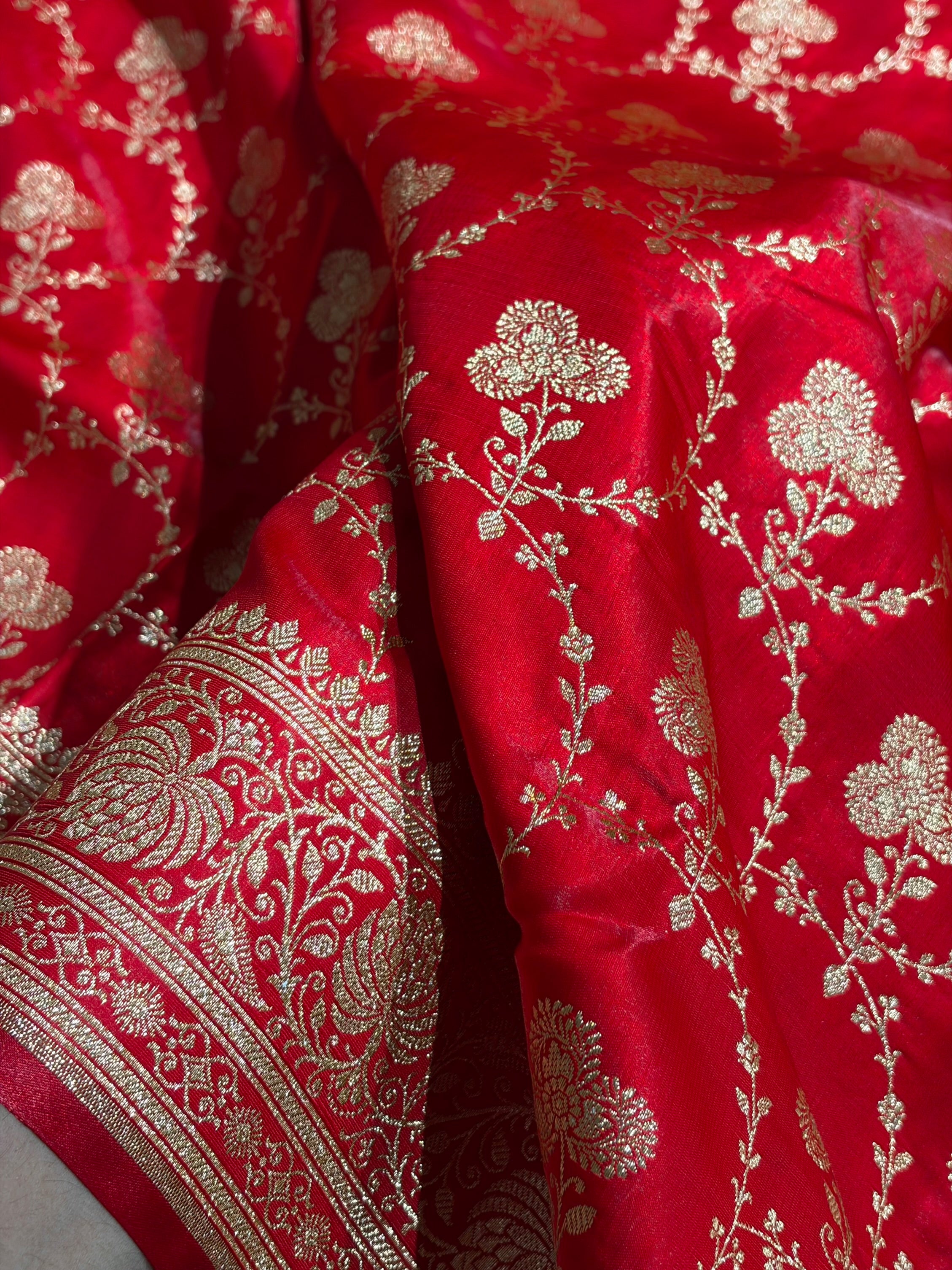 Banarasi Satin Silk Saree Jaal in Red Shades SS23