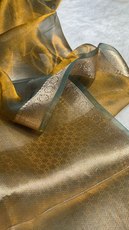 Cross Mehendi Shades Pure Tissue Silk Saree with Brocade Blouse PT-09