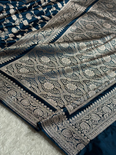 Banarasi Navy Blue Shades Jaal Mashru Silk Saree MCS42