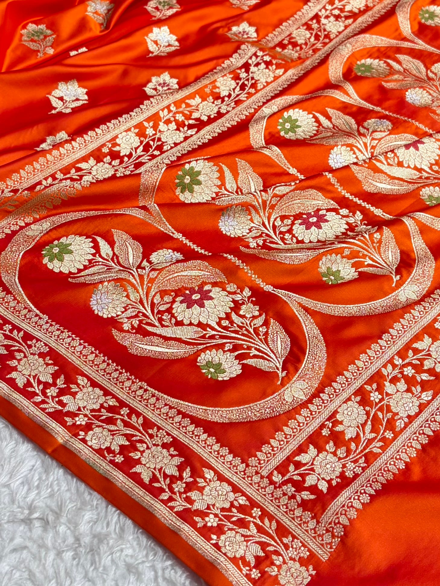 Premium Banarasi Satin Katan Saree With Minakari Boota in Cross Orange Shades SK112