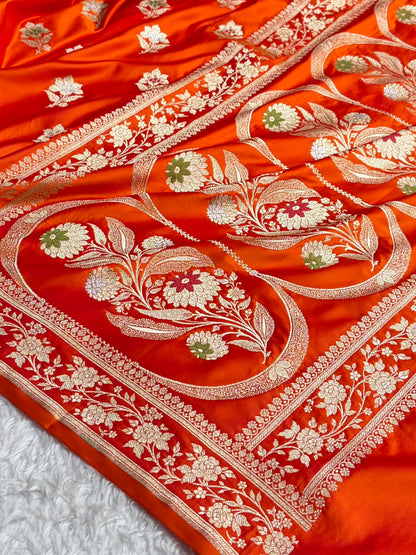 Premium Banarasi Satin Katan Saree With Minakari Boota in Cross Orange Shades SK112