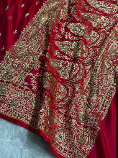 Banarasi Bridal Cross Red Work Pattern Satin Katan Silk Saree BSK82